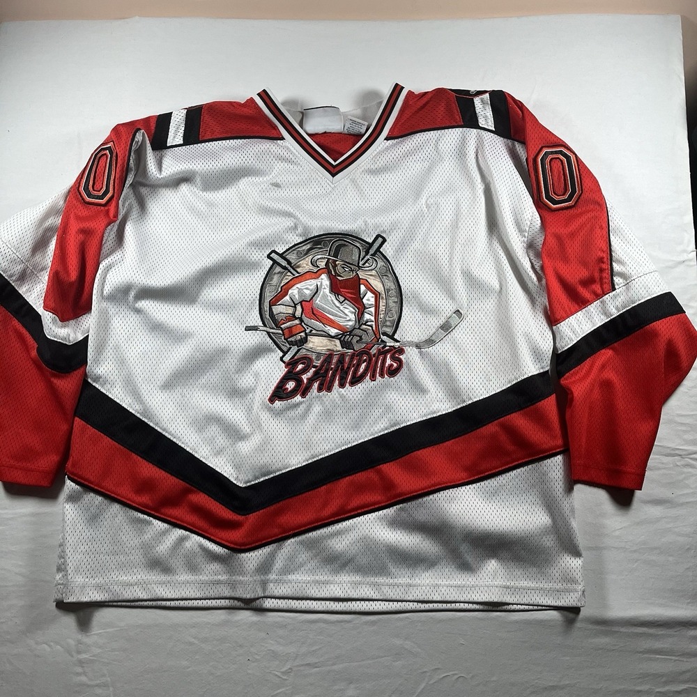 NO EXCUSES VTG RED AND WHITE 30 NEW JERSEY BANDITS MINOR LEAGUE HOCKEY JERSEY XL
